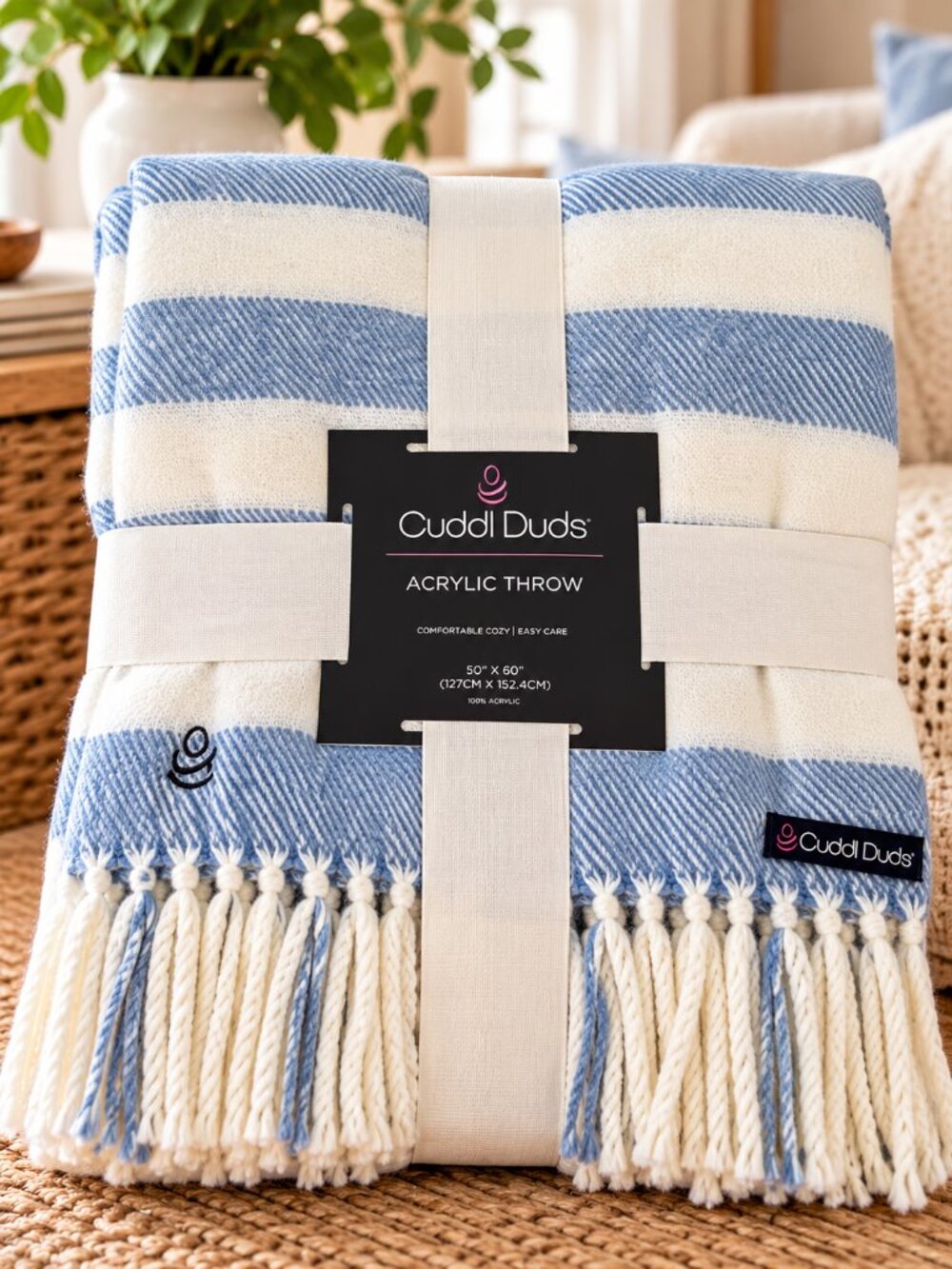 Cuddl Duds Blue White Striped Acrylic Throw Blanket 50x60 Fringe